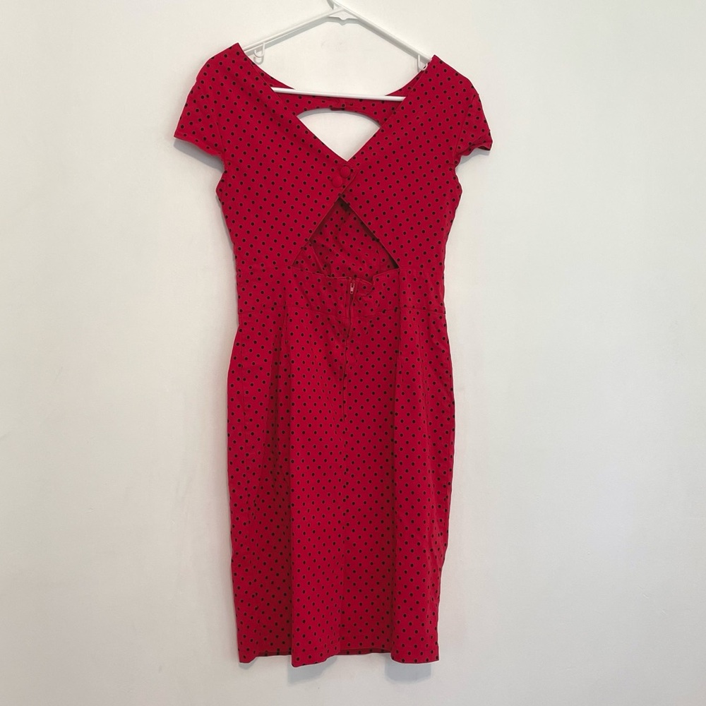 HELL BUNNY VIXEN Sandy Pencil Dress Red Polka Dot Retro Rockabilly Pinup US M 10 - Picture 11 of 16